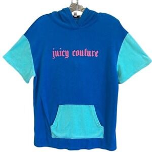 Juicy Couture Women's Terry Cloth‎ Pullover Short Sleeve Hoodie Blue Green XS